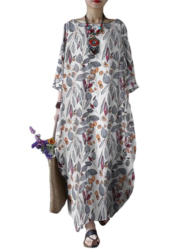 Image of Celmia Autumn Solid Loose Long Maxi Dress Cotton Caftan