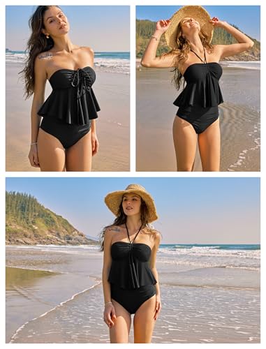 ZAFUL Womens 2025 Two Piece Bathing Suits Halter Bandeau Self-Tied Tankini Set Swim Top with Bottom Tummy Control Swimsuit3