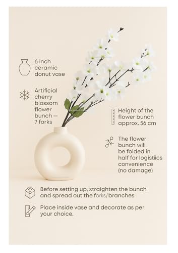 Image of SPHINX Ceramic Vase with Artificial Flowers| Flower Vase Pot for Home Decor,Living Room,Dining Table & Office|Modern for Decoration, (Donut with 1 Cherry Blossom Assorted White OR Yellow)