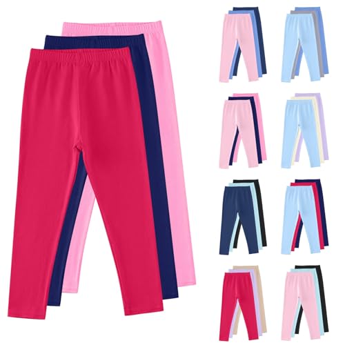 3-Pack Girls Comfy Cotton Leggings High Waisted Stretch Tights Elastic Waist Athletic Casual Dance Pants for Kids 3-13 Years2