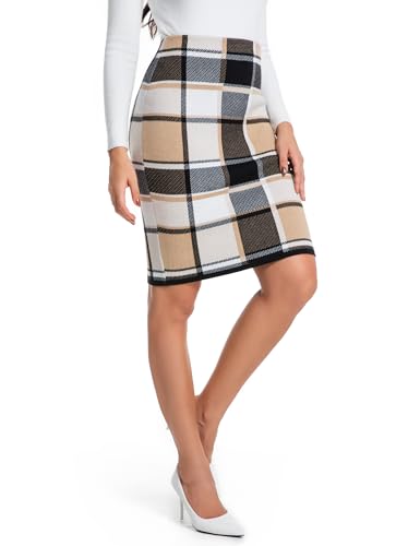 IDEALSANXUN Womens Knee Length Plaid Skirt Fall Winter High Waisted Bodycon Pencil Sweater Skirt3