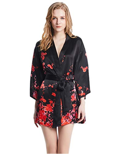 Prettystern Damen Seidenkleid kurz Mini-Kimono aus 100% Seide mit Gürtel eleganter Morgenmantel Yukata für Sommer & Zuhause Mi04 Schwarz