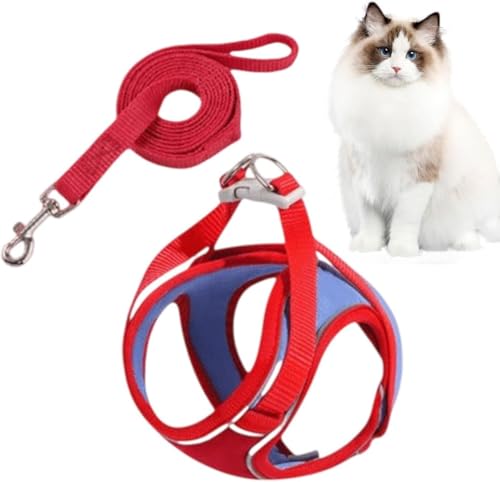小型犬用ハーネス、猫用ハーネスとリード - 反射ストリップ付き調節可能な猫用ハーネスとリードセット | 猫ベストハーネス、子猫と子犬のための安全な猫アクセサリー (M,RT-1)