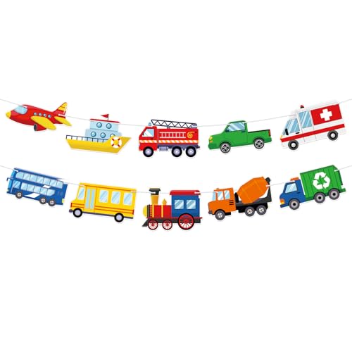 Image of Hooqict Happy Birthday Banner Transportation Birthday Decorations Car Train Truck Bus Plane Ship Traffic Party Banner Garland Sign for Kids Boys 1st 2nd 3rd Transportation Vehicle Theme Birthday Party Supplies