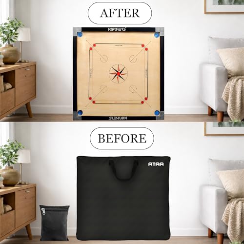 Image of Primium Carrom Board Cover with Strong Handle - Waterproof & Dustproof Nylon Storage Bag, Zipper Chain Closure, Extra Pouch for Coins, Striker & Powder, Lightweight & Durable - Black (30 x 30)