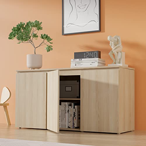 Cozy Castle Buffet Cabinet With Storage, Coffee Bar Cabinet With 3 Doors And Adjustable Shelf, Kitchen Buffet Sideboard For Living Room, Kitchen, 47.15" L X 24.65" H X 15.75" W, Oak #TOP4