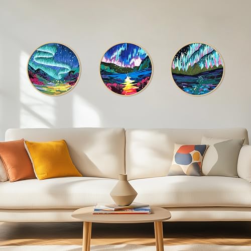 Image of KEKEMEOW 3 Sets Embroidery Kit for Beginners, Stitches with Aurora, Aurora Borealis Embroidery Stitch Practice kit for Adults Craft Lover, Needlepoint Hand Embroidery Kit with Pattern、Instruction、Hoop