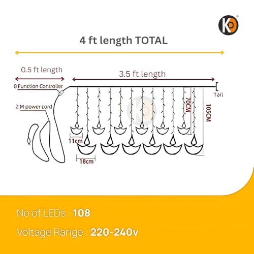 Image of K D 6+6 Diya Yellow Curtain LED String Lights, 138 LEDs (3.5 ft Length + 0.5 FT Length After Adapter = 4ft) with 8 Modes Indoor Outdoor for Home, Diwali, Christmas (Big String Diya 6+6 Yellow)