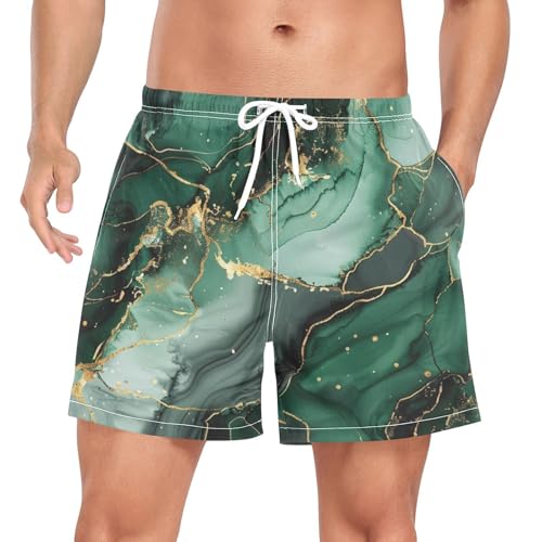 Men's Swim Trunks Marble Gold Green, Quick Dry Beach Board Shorts with Liner, Swimwear Bathing Suits S