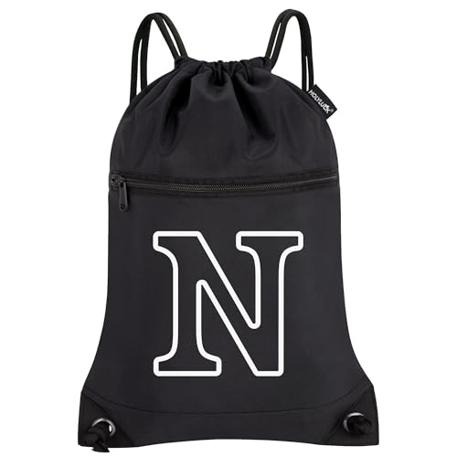 Image of HOLYLUCK Drawstring Bags Initial Backpack Sackpack Cinch Bags for Sports, Gym, Travel, Beach (Black-N)