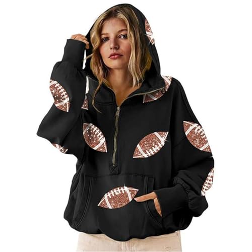 Game Day Sweatshirt Women Football Hoodies Oversized Sequin Graphic Half Zip Hoodie Casual Zipper Sweatshirts2
