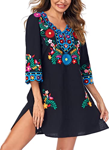 YZXDORWJ Women Embroidered Mexican V Neck Floral Dress Long Sleeve Floral Traditional Bohemian Dress4