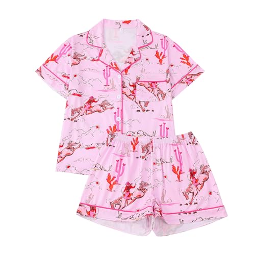 Image of RONGTAI Womens Pajama Sets Button Down Short Sleeve Western Horseman and Cacti Print Lapel Shirt with Pocket Matching Pj Shorts Two Piece Loungewear Set Pink S
