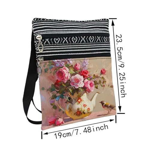 Oil Painting Floral Bird Messenger Bag Small Ethnic Pattern Printed Adjustable Strap Crossbody Zipper Bag Oil Painting Floral Bird Phone Bag Wallet Cute Shoulder Handbag for Women Friends -12