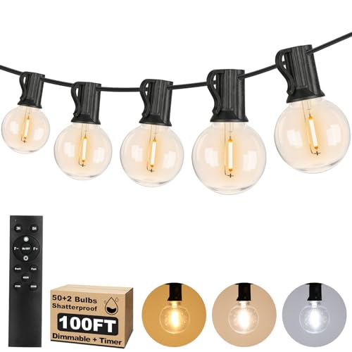 100FT LED Outdoor String Lights with 3 Color Lights, Dimmable String Lights for Outside with Remote, G40 Globe Waterproof Patio Lights with 50+2 Shatterproof Bulbs for Party Backyard BBQ House Camping by Bosceos - Used condition - US$33.62