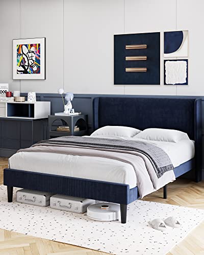 Homhougo Full Bed Frame, Upholstered Platform Bed With Wingback Headboard, Velvet Upholstered Bed Frame With 2 Storage Pockets, Strong Wooden Slat Support, Easy Assembly, Box Spring Optional, Blue #TOP2