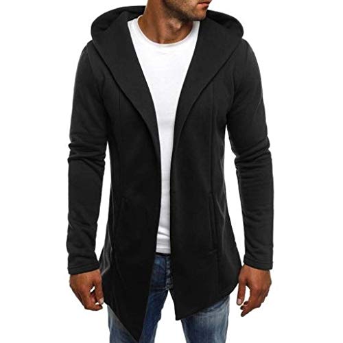 Cárdigan de manga larga con capucha para hombre, elegante chaqueta de color liso, abrigo largo casual con capucha, gabardina deportiva con capucha, moderno suéter y cárdigan de borde abierto, Negro, M