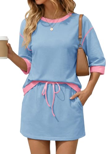 Image of Tankaneo Womens 2 Piece Skirt Sets 3 /4 Sleeve Sweatshirt Lounge Sets | Skort Sets, Color Block, Summer Casual, Matching Sets, Trendy Outfits