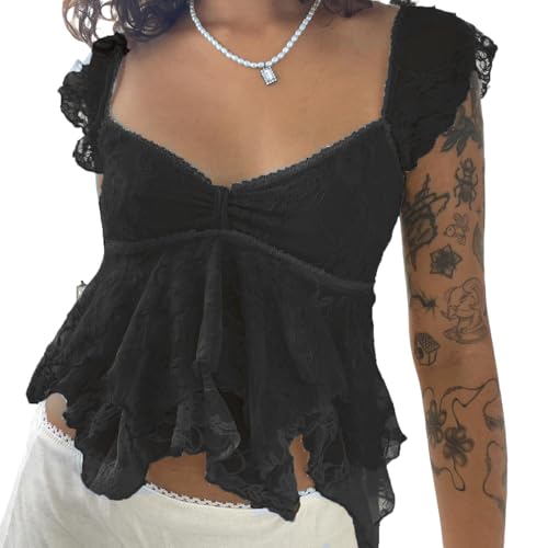 Women Y2k Lace Going Out Crop Top Summer Cap Sleeve Sheer Shirt Tanks Babydoll Tops Coquette Clothes