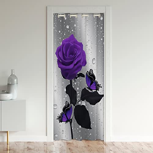 Loussiesd Rose Floral Door Curtain, 132x203cm, 1 Panel, Rose/Purple Grey, Multi-purpose Room Divider, Multicolored 23