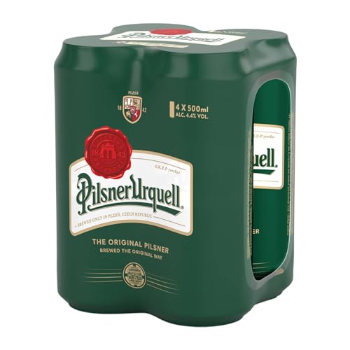 Pilsner Urquell Birra Pils, Multipack Birra con 4 Birre in Lattina da 50 cl, 2 L, Gusto Pieno Intensamente Luppolato, Gradazione Alcolica 4.4% Vol
