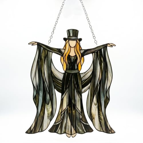 Retro Queen Stained Acrylic Wind Spinner Dancing Lady Suncatcher with Crystal Prisms Handmade 70s Soul Hanging Art for Window Garden Vintage Boho Spinner Ornament for Outdoor Patio Decor (Black)