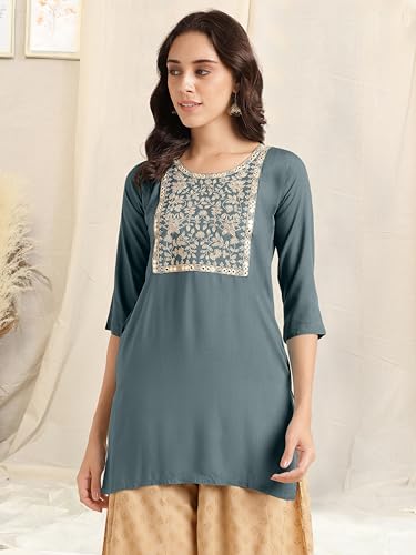 Image of MIRCHI FASHION Women's Straight Fit Rayon Sequins Embroidered and Polka Dots Printed Kurti Only