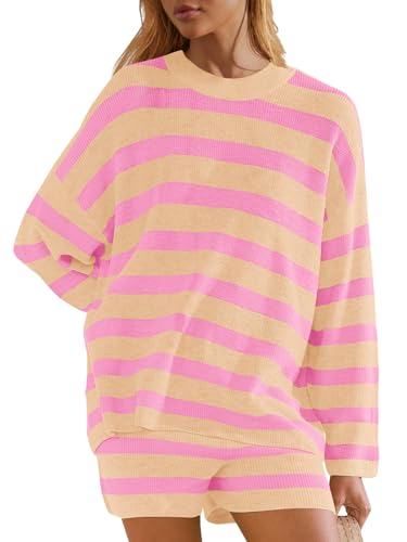 Image of Panadila Womens Striped Sweater Set Oversized Lounge Sets Matching Pajamas Long Sleeve Sweater Top and Shorts