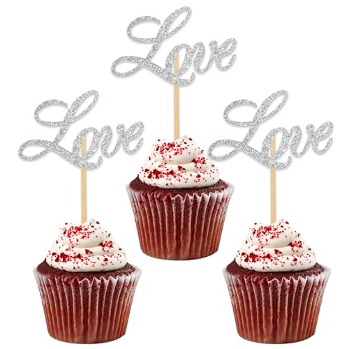 BEISHIDA 12pcs Love Cupcake Toppers Happy Anniversary Cupcake Toppers Silver Glitter Cupcake Decorations Sweet Love Picks for Valentine's Day Wedding Anniversary Engagement Cake Decorations Supplies