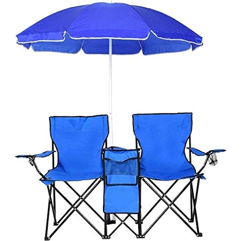 888Warehouse Portable Folding Picnic Double Chair W/Umbrella Table Cooler Beach Camping Chair, Blue - Fishing Travel Outdoor Cover