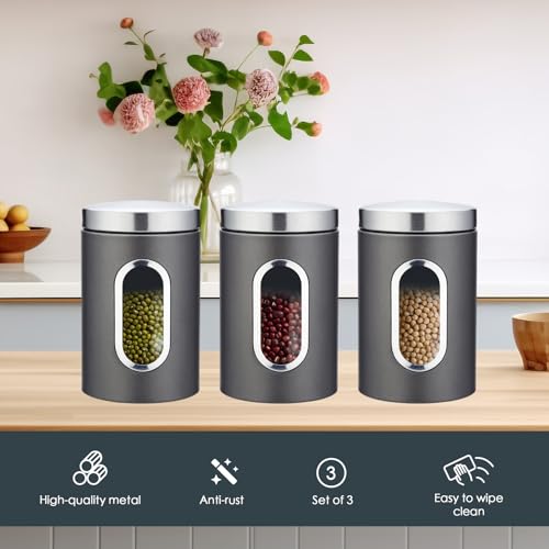 Canister Set of 3,Stainless Steel Kitchen Storage Boxes with Transparent Window Food Storage Organizer Jars for Sugar Tea Coffee Candy Farmhouse - immagine 6