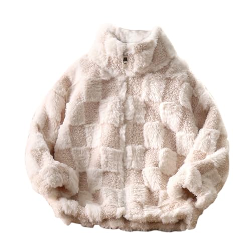 Kids Girl Fleece Jackets Winter Faux Fur Coat Girls Lattice Warm Sherpa Plush Coat Kids Zip Up Cardigan Fall Winter Warm Outwear School Age 13-15 Years Beige