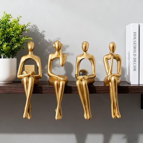 Yolispa Lot de 4 Statues de penseur pour décoration d'étagère, décoration de bibliothèque, Sculpture Abstraite Moderne, penseur, Statue dorée, adeau de...