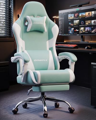Image of Dowinx Ergonomic Gaming Chair with Footrest & Massage Lumbar, 2D-Linkage Armrests for Computer Chair 330lbs with Headrest Pillow for Office, Home, Streaming and Long Gaming Sessions, Fabric Blue White