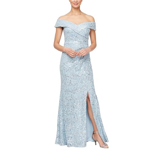 Image of Alex Evenings Women's Off The Shoulder Fit and Flare Dress-lace and Sequined Elegance for Mother of The Bride Or Groom