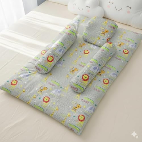 Image of StarAndDaisy Newborn Baby Bedding Nest 100% Cotton Cushioned Mattress Sheet with 2 Side Bolster Pillows & 1 Head Pillow Breathable & Soft Boys & Girl Design (Animal Print)