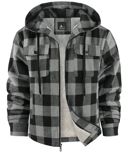 SCODI Men's Flannel Shirt Jacket Fleece Sherpa Lined Plaid Jackets Coat Full Zip Up Hoodie Winter Outwear