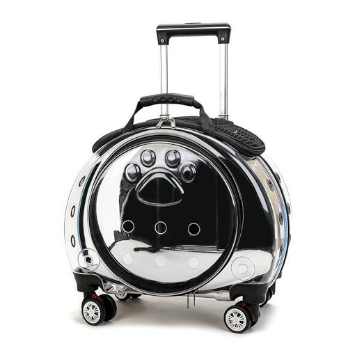 Pakabi ペット用トロリーケース 透明 宇宙カプセル型 キャットバッグ お出かけ便利 多目的バックパック スーツケース 小型犬用 お出かけバッグ ユニバーサルホイール アウトドア ペットバッグ 伸縮ハンドル 持ち運び便利 (ブラック)