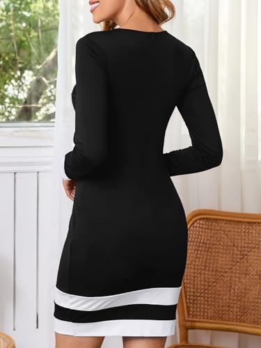 Women's Work Dress Business Casual Colorblock Striped Elegant Long Sleeve Crewneck Knit Bodycon Mini Dress4
