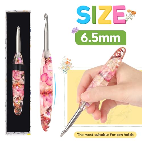 Image of Katech 6.5mm Crochet Hook for Arthritic Hands,Hand-Polished Stainless Steel | Ergonomic Crochet Hooks with Customized Sparkle Dried Floral Grip, Smooth Tapered Hook-Crochet Gift for Beginner & Crocheter