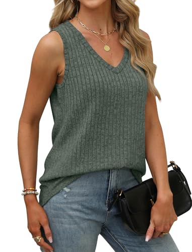 Image of Saloogoe Tank Tops for Women 2025 V Neck Summer Sweaters Vest Lightweight Curved Hem Spring Beach Fashion