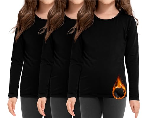 Silkfly 3 Pcs Kids Thermal Shirts Boys Girls Long Sleeve Undershirt Fleece Lined Base Layer Top Youth Underwear for Winter, Black, Medium