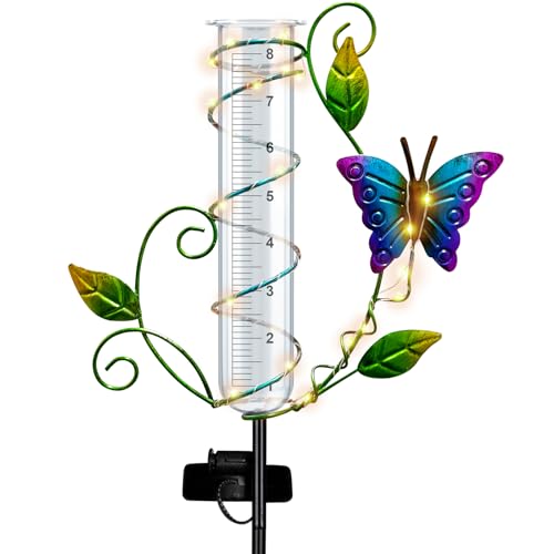 BUARO8AGA Butterfly Rain Gauge Outdoor - Wireless Solar Rain Gauges with 8" Capacity Glass Replacement Tube Best Rated Metal Decorative Garden Stakes with LED Lights for Yard Lawn Patio Art Decor