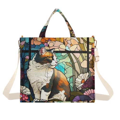 Stained Glass Cat Corduroy Women Tote Bag, Handbag Purse with Detachable Strap