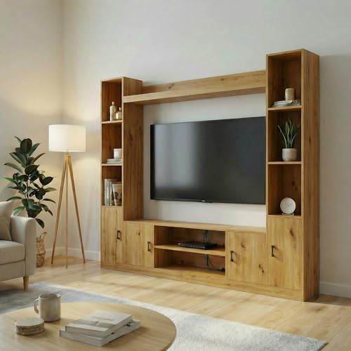 Image of Raywud Elavora Engineering Wood Floor Standing TV Entertainment Unit Set | TV Cabinet with Shelves for Books & Decor Display Unit Bed Living Room | Ideal for TV Unit Upto 55 inch | DIY Assembly (Gold Oak)