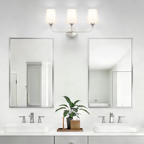 Image of Bathroom Vanity Light Brushed Nickel Bathroom Lighting Fixtures Over Mirror | 3-Light Bathroom Light Fixtures with Flared White Fabric Shade, E26 Socket (ETL Listed)
