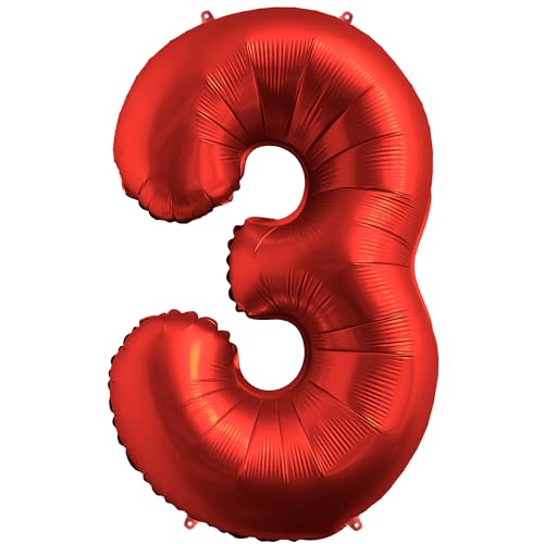FUNFEST Ballon Chiffre 3 Rouge Chrome 100cm – Décoration Anniversaire 3 Ans – Compatible Air & Hélium – Qualité Premium
