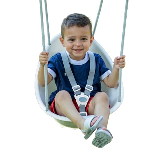 Swurfer Coconut Toddler Swing Comfy Baby Outdoor, 3- Point Adjustable Safety Harness, Secure, Safe Quick Locking System, Blister-Free Rope, Easy Installation, Ages 9 Months and Up, Ivo, White