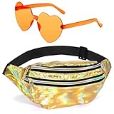 Holographic Fanny Packs for Women,Heart Shaped Sunglasses,Fanny Pack 80s Style,Waterproof Fanny Packs for Women,Orange Heart Glasses,Party Sunglasses,Metallic Color Sport Waistbag,Fashion Waist Pack