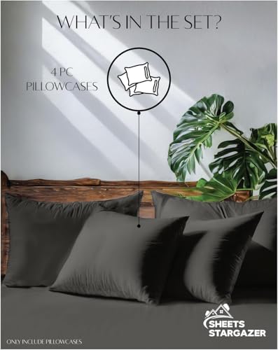 Image of 1000 Thread Count 100% Egyptian Cotton Pillow Cases, Set of 4 Pillowcase, Long-Staple 100% Cotton Breathable, Soft Sateen Weave Bed Pillow Cover, 20 X 40 Inches Pillowcases Dark Grey King Size